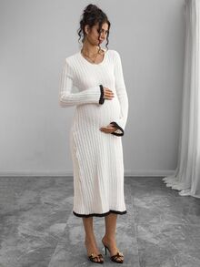 Momance Maternity Colorblock Bowknot Back Tie Round Neck Long Sleeve Sweater Dress - Black and White - View 8