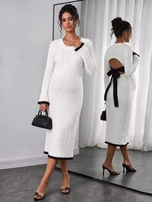 Momance Maternity Colorblock Bowknot Back Tie Round Neck Long Sleeve Sweater Dress - Black and White - View 7