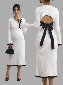 Momance Maternity Colorblock Bowknot Back Tie Round Neck Long Sleeve Sweater Dress - Black and White - View 2