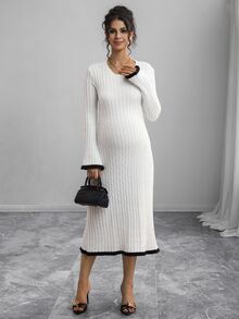 Momance Maternity Colorblock Bowknot Back Tie Round Neck Long Sleeve Sweater Dress - Black and White - View 6