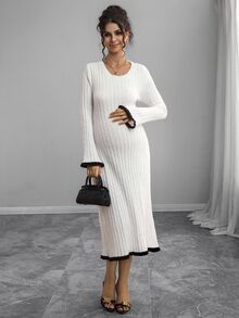 Momance Maternity Colorblock Bowknot Back Tie Round Neck Long Sleeve Sweater Dress - Black and White - View 4