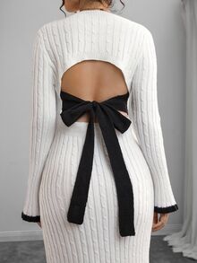 Momance Maternity Colorblock Bowknot Back Tie Round Neck Long Sleeve Sweater Dress - Black and White - View 1