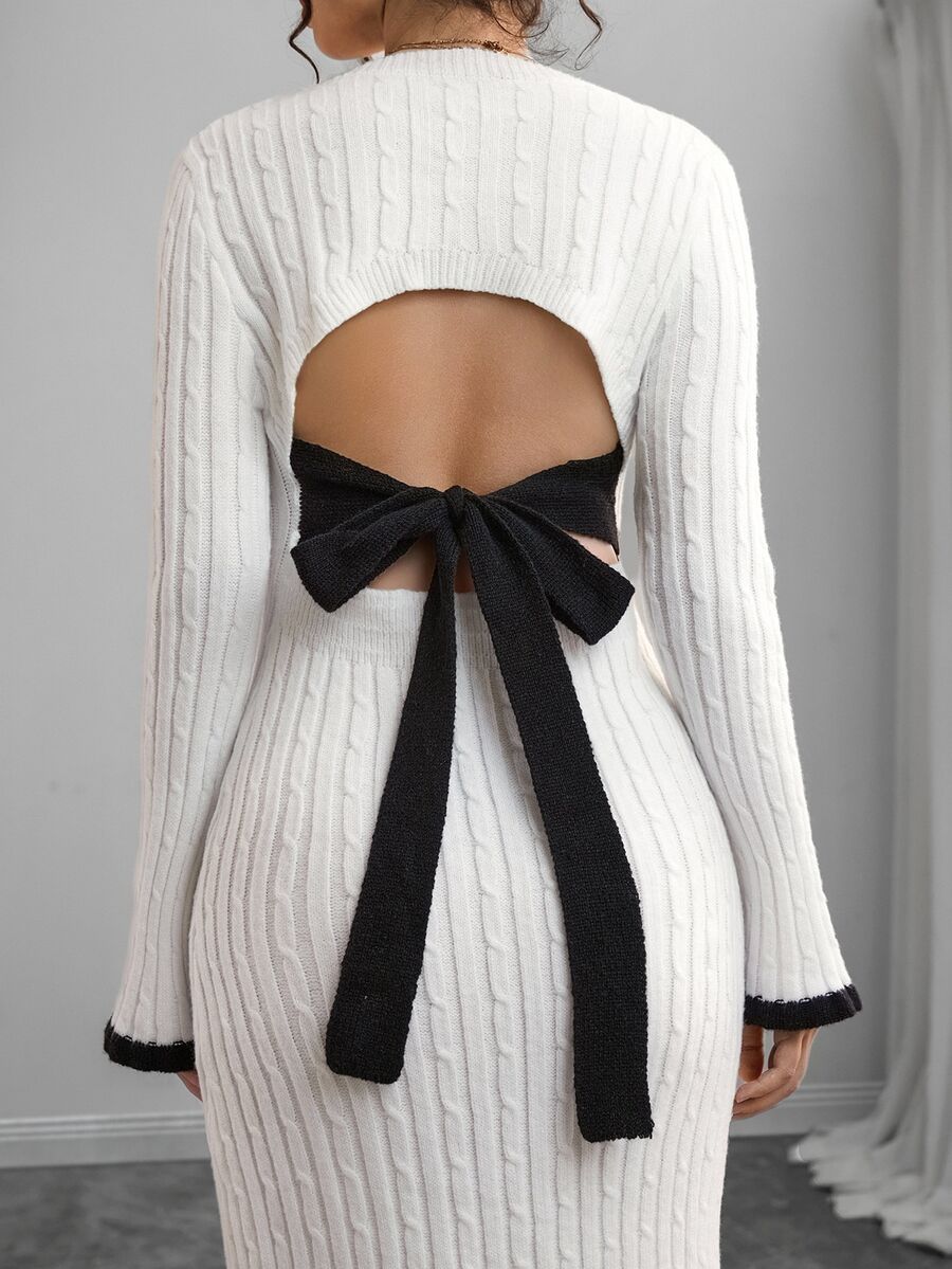 Momance Maternity Colorblock Bowknot Back Tie Round Neck Long Sleeve Sweater Dress - Black and White - View 1