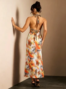 Allurite Leopard Print Gradient Spaghetti Strap Deep V Dress, High Waist Slit Slim Fit Bodycon Evening Gown, Wedding Guest Outfit, Bridesmaid Afternoon Tea Party Outfit, Anniversary Date Outfit, Summer Outdoor Dinner Outfit, Travel Photography Outfit, Summer Pool Party Outfit, Beach Vacation, Island Travel, Pool Party Outfit, Event Attire - Multicolor - View 2