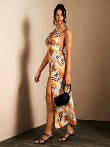 Allurite Leopard Print Gradient Spaghetti Strap Deep V Dress, High Waist Slit Slim Fit Bodycon Evening Gown, Wedding Guest Outfit, Bridesmaid Afternoon Tea Party Outfit, Anniversary Date Outfit, Summer Outdoor Dinner Outfit, Travel Photography Outfit, Summer Pool Party Outfit, Beach Vacation, Island Travel, Pool Party Outfit, Event Attire - Multicolor - View 5