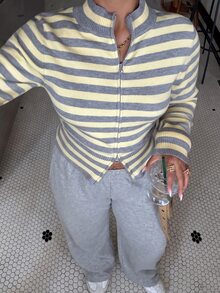 Muchica Plus Size Women's Striped Zipper Front Casual Knit Cardigan Winter - Multicolor - View 3