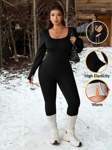 Muchica Plus-Size Fleece-Lined Warm Knitted Jumpsuit, Black Long-Sleeved Slim-Fit Suitable For Autumn And Winter Wear Fall Beach Going Out Vacation Sexy Baggy - Black - View 7