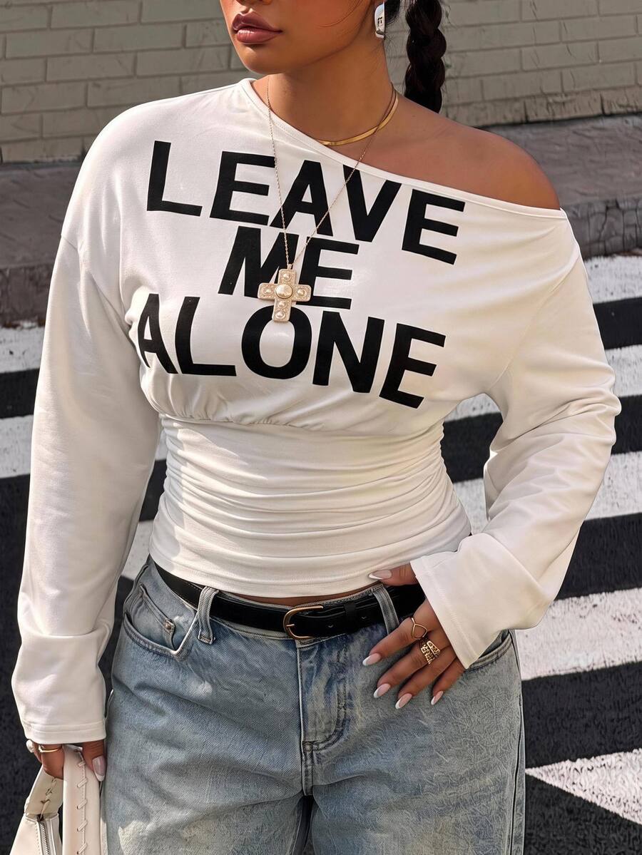 Muchica Plus Size Women's Slogan Print Asymmetrical Shoulder Long Sleeve Ruched Casual T-Shirt Fall - White - View 1