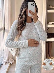 SHEIN Maternity Autumn Casual Loose Fit Top Pants 2 Pieces Set Pink Faux-Fur-Effect Knit Two Pieces Set Expectant Mothers Photoshoot Formal - Multicolor - View 2