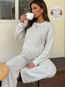 SHEIN Maternity Autumn Casual Loose Fit Top Pants 2 Pieces Set Pink Faux-Fur-Effect Knit Two Pieces Set Expectant Mothers Photoshoot Formal - Multicolor - View 5