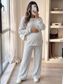 SHEIN Maternity Autumn Casual Loose Fit Top Pants 2 Pieces Set Pink Faux-Fur-Effect Knit Two Pieces Set Expectant Mothers Photoshoot Formal - Multicolor - View 3