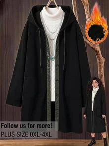 Rusticease Plus Size Fashion Button Pocket Long Sleeve Hooded Jacket Going Out Holiday Club Vacation Black Fall Baggy Smart Casual Stylish - Black - View 1