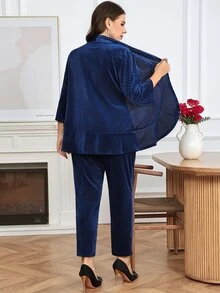Easowa Curve Plus Size Elegant Commuter Jacket And Pants Suit Set - Navy Blue - View 3