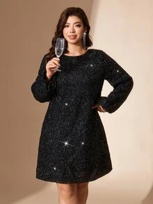 Comfylo 大尺碼女款休閒優雅迷人派對雞尾酒晚禮服，黑色亮片露背蝴蝶結，適合秋季聖誕節 - 黑色 - 查看 4