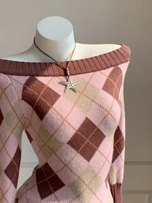 Comfortcana Women's Colorblock Argyle Cold Shoulder Sweater Fall Clothes For Women Work Outfits For Women Y2K 2000s Style - Pink - View 10