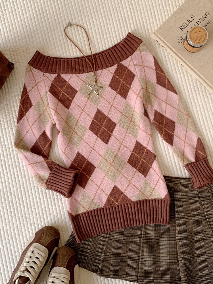 Comfortcana Women's Colorblock Argyle Cold Shoulder Sweater Fall Clothes For Women Work Outfits For Women Y2K 2000s Style - Pink - View 6