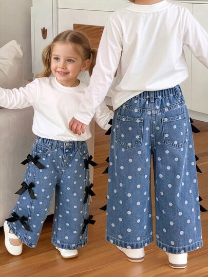 SHEIN Baby Girl Polka Dot Minimalist Fashion Versatile Bow Blue Washed Denim Straight Leg Pants, Comfortable Daily Wear, Cute Black Bow Woven Ribbon Home