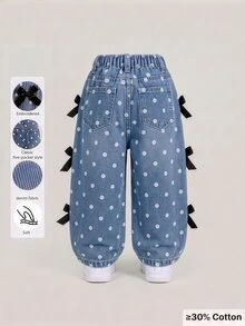 SHEIN 女嬰波點簡約時尚百搭蝴蝶結藍色水洗牛仔直筒褲，舒適日常穿著，可愛黑色蝴蝶結編織緞帶居家風 - 中等水洗藍 - 查看 2