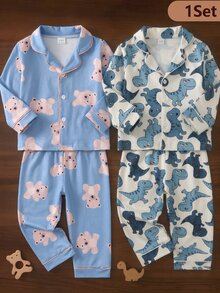 Baby Boy Cute Casual Daily Simple Comfortable Light Apricot Cartoon Bear Open Front Long Sleeve Top & Long Pants 2 Pieces Loungewear Set - Multicolor - View 4