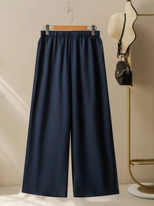 Lacomfia Minimalist Casual Solid Color Patchwork Beaded Shirt Collar Long Sleeve Fitted Regular Shirt And Solid Color Elastic Waist Wide Leg Pants Spring Autumn Plus Size 2-Piece Set - Navy Blue - View 5