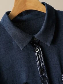 Lacomfia Minimalist Casual Solid Color Patchwork Beaded Shirt Collar Long Sleeve Fitted Regular Shirt And Solid Color Elastic Waist Wide Leg Pants Spring Autumn Plus Size 2-Piece Set - Navy Blue - View 6