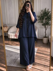 Lacomfia Minimalist Casual Solid Color Patchwork Beaded Shirt Collar Long Sleeve Fitted Regular Shirt And Solid Color Elastic Waist Wide Leg Pants Spring Autumn Plus Size 2-Piece Set - Navy Blue - View 1