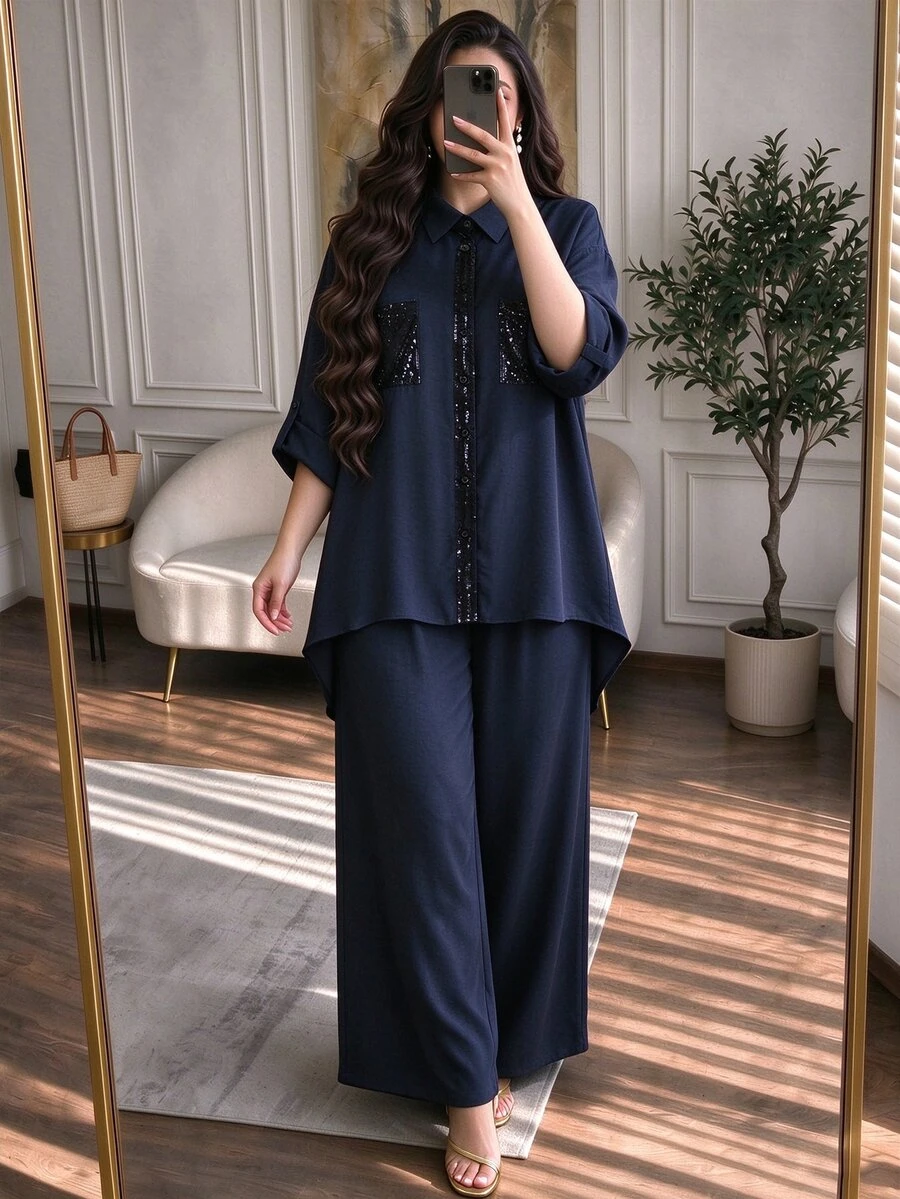 Lacomfia Minimalist Casual Solid Color Patchwork Beaded Shirt Collar Long Sleeve Fitted Regular Shirt And Solid Color Elastic Waist Wide Leg Pants Spring Autumn Plus Size 2-Piece Set - Navy Blue - View 1