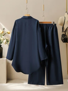 Lacomfia Minimalist Casual Solid Color Patchwork Beaded Shirt Collar Long Sleeve Fitted Regular Shirt And Solid Color Elastic Waist Wide Leg Pants Spring Autumn Plus Size 2-Piece Set - Navy Blue - View 2