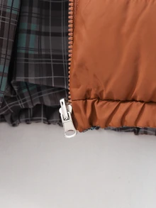 Girls' Winter Padded Coat, Brown With Brown Plaid Lining, Reversible, Suitable For Parties, Gatherings And Daily Commute - Brown - View 3