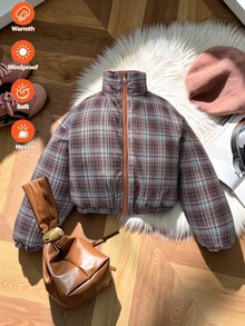 Girls' Winter Padded Coat, Brown With Brown Plaid Lining, Reversible, Suitable For Parties, Gatherings And Daily Commute - Brown - View 10