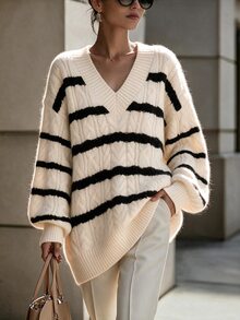 SHEIN 新款秋冬寬鬆溫柔甜美粉色慵懶設計V領粗麻花針織小眾百搭女款套頭毛衣 - 杏色 - 查看 1