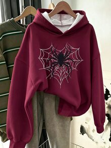 1 Random Piece Teen Girls Spider Web Print Pullover Sweatshirt, Y2K Gothic Pattern Drop Shoulder Loose Fit Sweatshirt, Halloween Party & Casual Wear - Multicolor - View 4