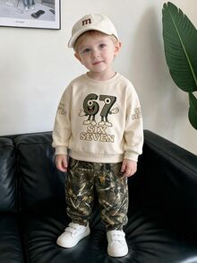 2pcs Young Boys Sweatshirt & Pants Sets Streetwear Beige Green Number Camo Print Long Sleeve Crew Neck School Autumn Back To School Cute - Multicolor - View 2