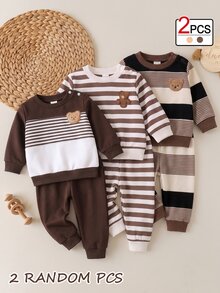 2pcs Newborn Baby Boys Knitted Sets Casual Brown White Striped Patchwork Graphic Long Sleeve Crew Neck Fleece Lined Winter Fall - Multicolor - View 3