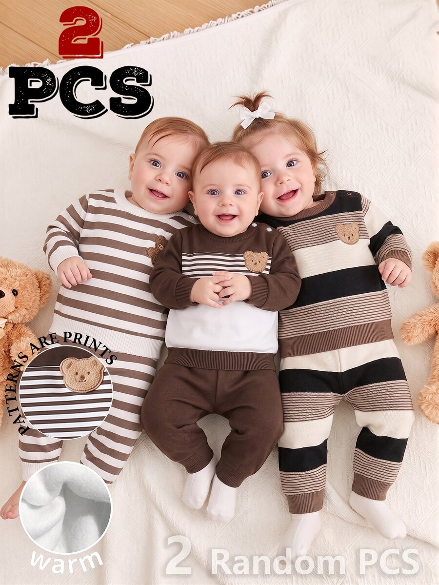 2pcs Newborn Baby Boys Knitted Sets Casual Brown White Striped Patchwork Graphic Long Sleeve Crew Neck Fleece Lined Winter Fall - Multicolor - View 1