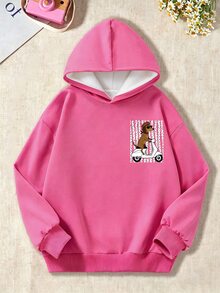 Tween Girls Sweet Cool Pink & Yellow Striped Puppy Riding Bike Print Sweatshirt, Cozy Fall & Winter Style, Comfortable Casual Everyday Wear, Cool Winter Collection, Essential For Tween Girl Back To School - Multicolor - View 2