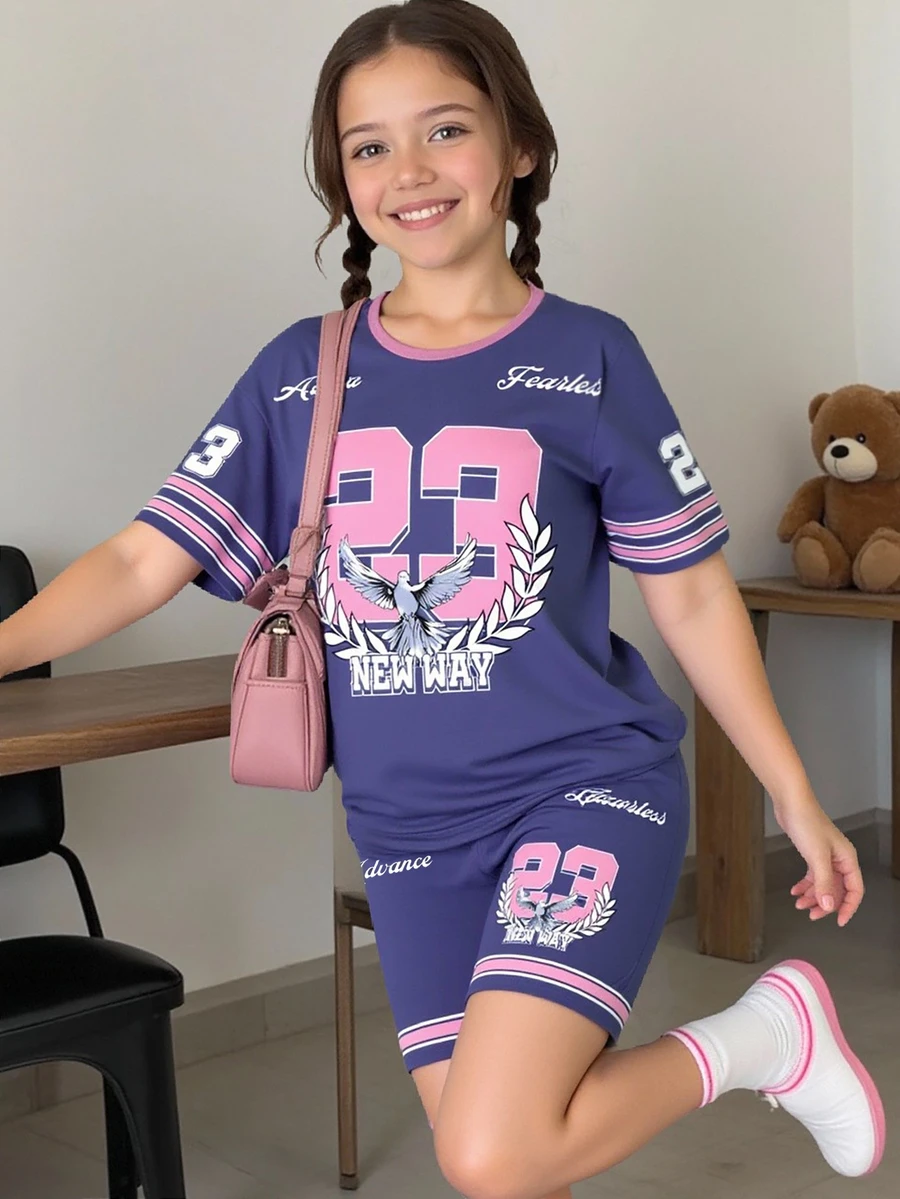 SHEIN 2pcs/Set Tween Girl) 23 Number Graphic Short Sleeve Top And Shorts Set, Sweet & Cool Style For Students, Summer Clothes - White - View 1