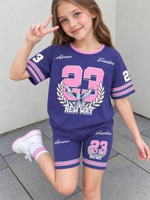 SHEIN 2pcs/Set Tween Girl)  23 Number Graphic Short Sleeve Top And Shorts Set, Sweet & Cool Style For Students, Summer Clothes - White - View 3