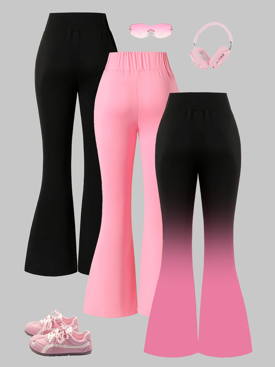 SHEIN ChillGRL Tween Girls Fall Clothes High Waist Fashion Black Pink Gradient Minimalist Black Skinny Flare Pants, Versatile Casual Autumn Campus & Outing Outfit - Multicolor - View 1