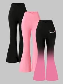 SHEIN ChillGRL Tween Girls Fall Clothes High Waist Fashion Black Pink Gradient Minimalist Black Skinny Flare Pants, Versatile Casual Autumn Campus & Outing Outfit - Multicolor - View 4