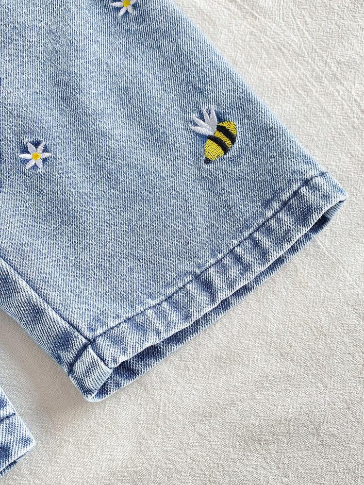 SHEIN Vintaside Kids 1pc Baby Girl Blue Denim Casual Cute Embroidered Floral Overalls, Suitable For Outings And Summer Vacation Autumn Fall - Blue - View 9