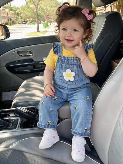 SHEIN Vintaside Kids 1pc Baby Girl Blue Denim Casual Cute Embroidered Floral Overalls, Suitable For Outings And Summer Vacation Autumn Fall