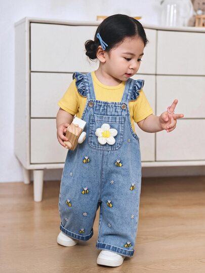 SHEIN Vintaside Kids 1pc Baby Girl Blue Denim Casual Cute Embroidered Floral Overalls, Suitable For Outings And Summer Vacation Autumn Fall