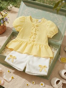 Souflis Souflis 法式风格 0-3 岁女婴条纹蝴蝶结套装，夏季泡泡袖上衣 + 白色短裤，幼儿甜美休闲两件套，适合外出、玩耍、购物等多种场合。 - 黃色 - 查看 2