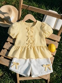 Souflis Souflis 法式风格 0-3 岁女婴条纹蝴蝶结套装，夏季泡泡袖上衣 + 白色短裤，幼儿甜美休闲两件套，适合外出、玩耍、购物等多种场合。 - 黃色 - 查看 4