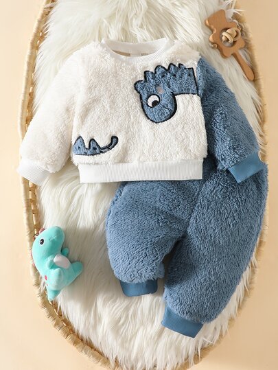 SHEIN Toddler Cute Dinosaur Plush Outfit, Thick Coral Fleece Two-Piece Set For Winter Family Matching White Dark Blue Cute Funny