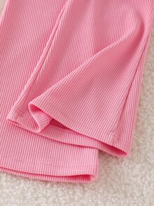 SHEIN 女童秋冬休閒 T-shirt 套裝 白色紫色針織羅紋極地絨長袖上衣喇叭褲 2 件組 7 歲生日套裝 秋季套裝 - 粉色 - 查看 9