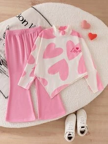 SHEIN 女童秋冬休閒 T-shirt 套裝 白色紫色針織羅紋極地絨長袖上衣喇叭褲 2 件組 7 歲生日套裝 秋季套裝 - 粉色 - 查看 5