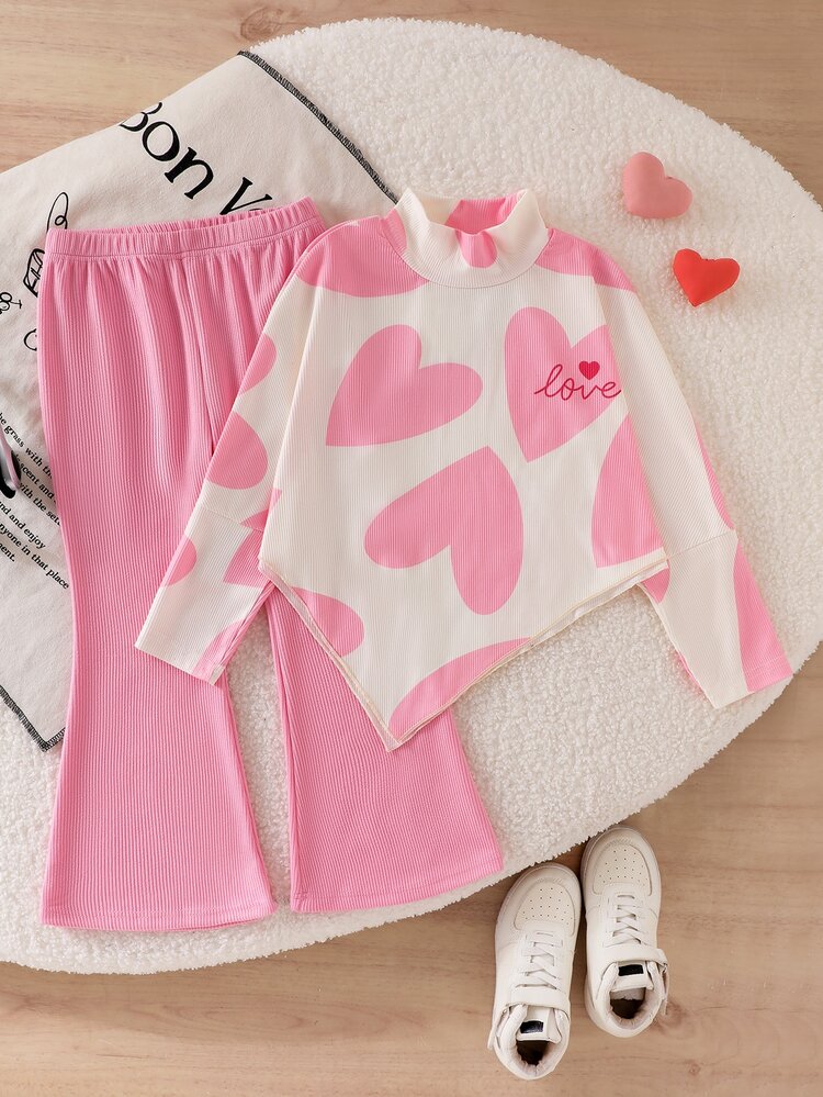 SHEIN Young Girl Autumn/Winter Casual T-Shirt Set White Purple Knit Ribbed Polar Fleece Long Sleeve Top Flared Pants 2 Pieces 7th Birthday Outfit Fall Sets - Pink - View 5