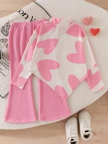SHEIN 女童秋冬休閒 T-shirt 套裝 白色紫色針織羅紋極地絨長袖上衣喇叭褲 2 件組 7 歲生日套裝 秋季套裝 - 粉色 - 查看 2